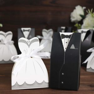 Wedding Dress & Tuxedo Shower Party Favr Candy Gift Boxes With Ribbon Ties (25 Pcs)