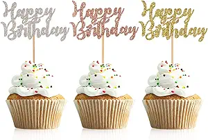 Glitter Gold Happy Birthday Cupcake Toppers, Cake Picks, Party Decoration Supplies