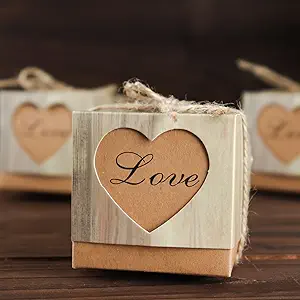 Rustic Wood Pattern Natural Brown Paper Party Favor Boxes, Square Candy Gift Boxes (25 Pcs )