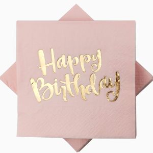 Blush Pink Happy Birthday Cocktail Napkins ( 16 Pcs - 9 3/4 inches)